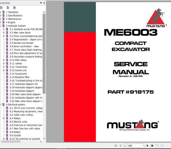 Mustang Compact Excavator ME6003 Service Manual918175 1