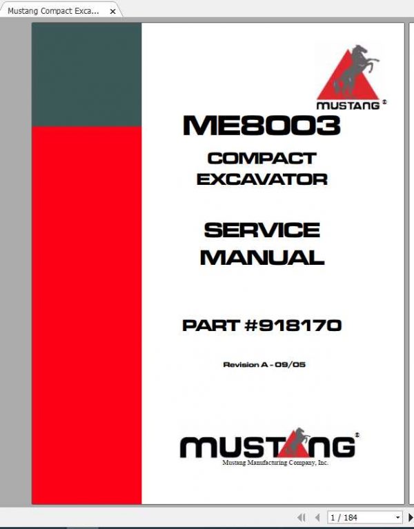 Mustang Compact Excavator ME80003 Service Manual9181701