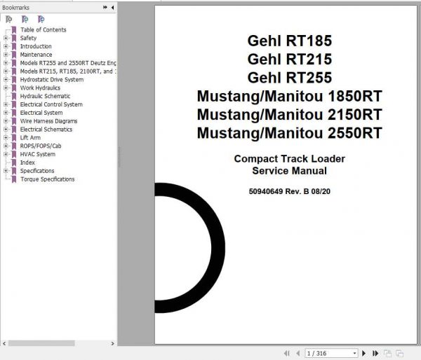 Mustang Compact Loader 1850RT 2150RT 2550RT Service Manual50940649 1