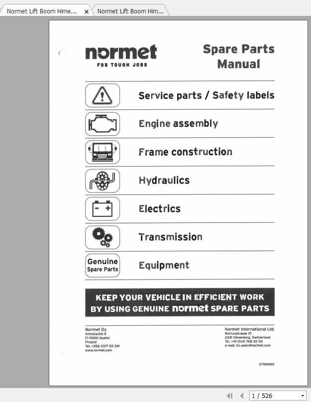 Normet Lift Boom Himec 9905 BT Operator Spare Parts Manual 1