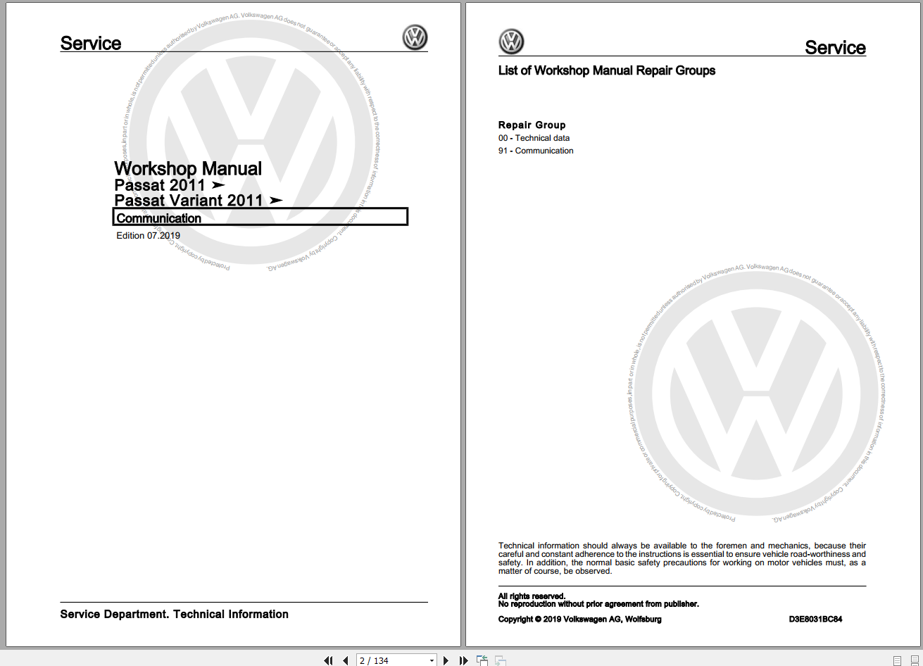 Volkswagen Passat 2019 2020 CBCB2CB5 Workshop Manuals