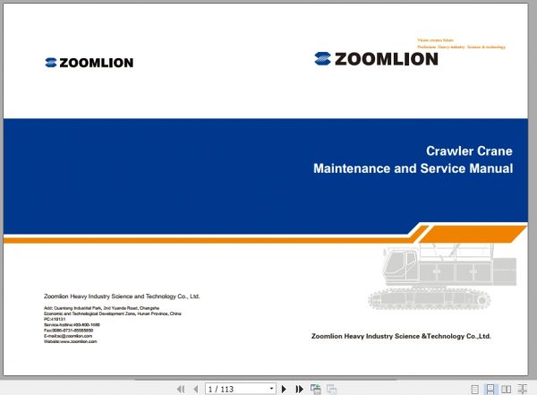 Zoomlion Crawler Crane ZCC800HWG Maintenance ManualEN