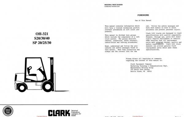 Clark Forklift OH 321 S 20 30 40   SP 20 25 30 Overhaul Manual 1
