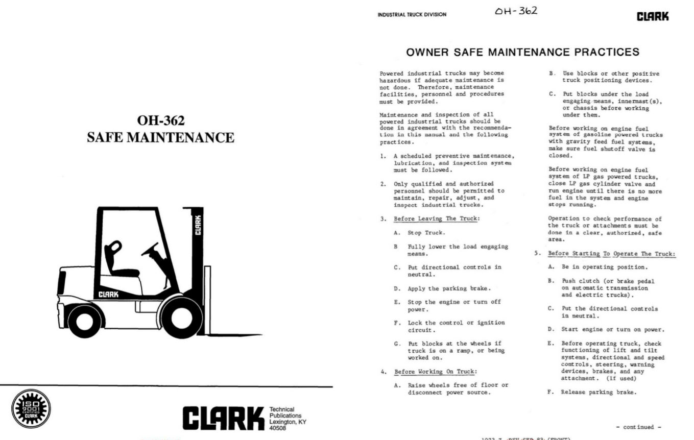 Clark Forklift OH 362 Safe Maintenance Manual 1