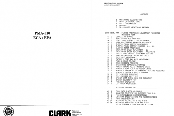 Clark Forklift PMA 510 ECA EPA Maintenance And Adjustment Manual 1