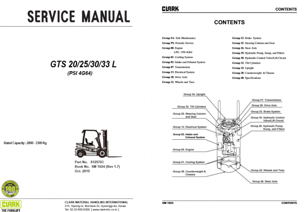 Clark Forklift SM 1024 GTS20 2530 33 LOct 2019 Service Manual8129703 1