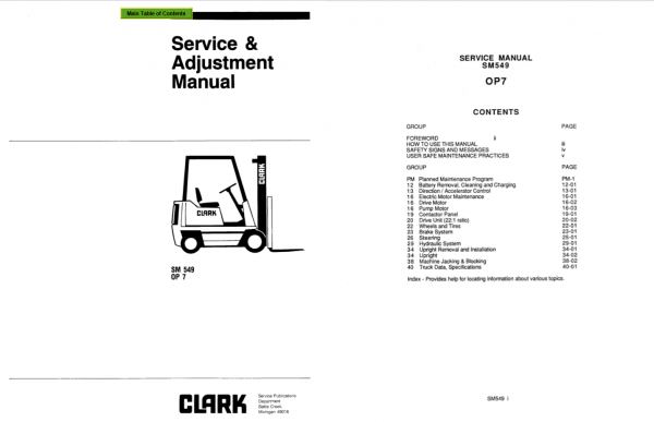 Clark Forklift SM 549 OP 7 Service Adjustment Manual 1