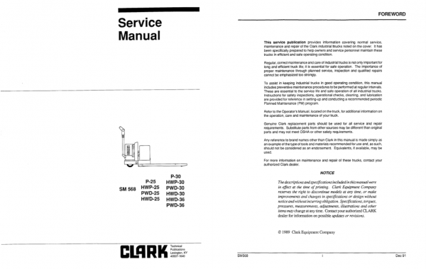 Clark Forklift SM 568 P HWP HWD HWP 25 30 36 PWD565 566 HWD565 566 Service Manua 1