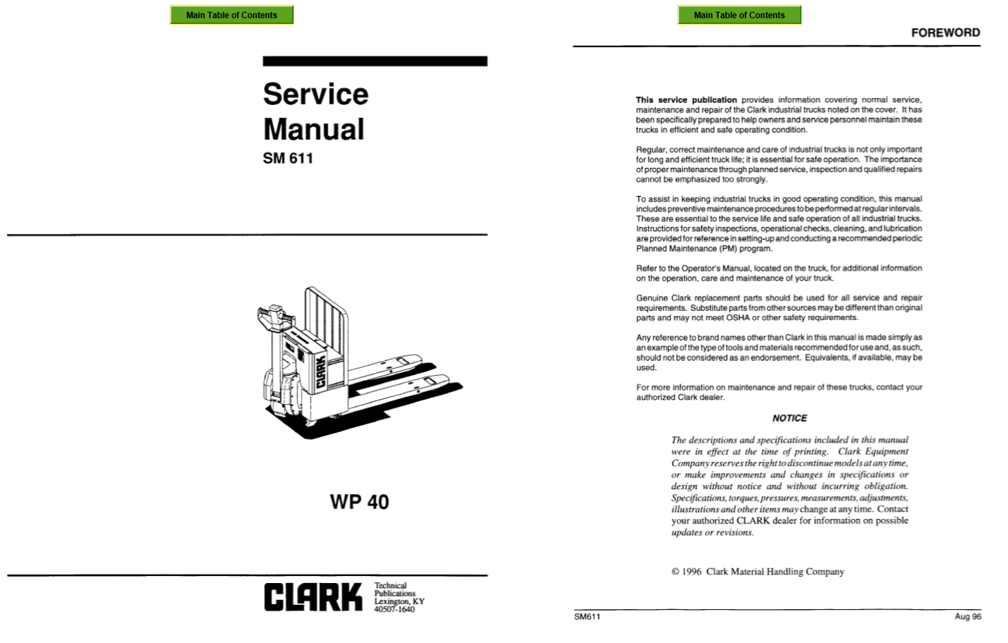 Clark Forklift SM 611 WP 40 Service Manual 1