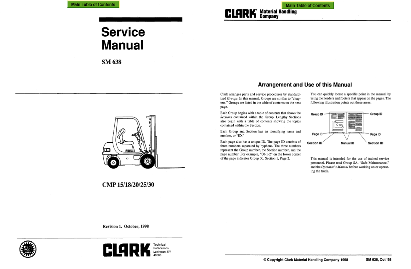 Clark Forklift SM 638 CMP 15 18 20 25 30 Service Manual 1