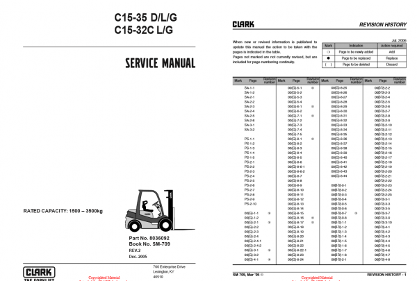 Clark Forklift SM 709 Gen2 C15C 35CMay 2001 Service Manual 1