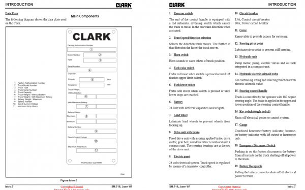 Clark Forklift SM 719 EWP 45June 2007 Service Manual 3