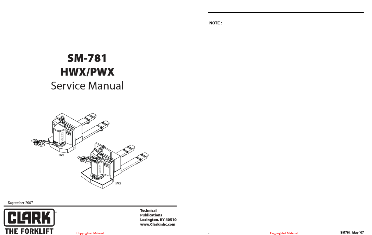 Clark Forklift SM 781 HWX PWXSep 2007 Service Manual 1