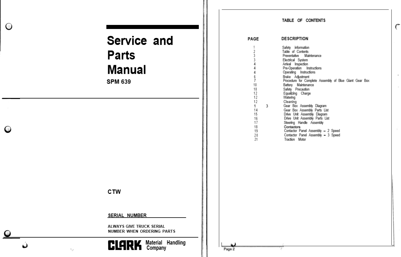 Clark Forklift SPM 639 CTW Service Parts Manual 1