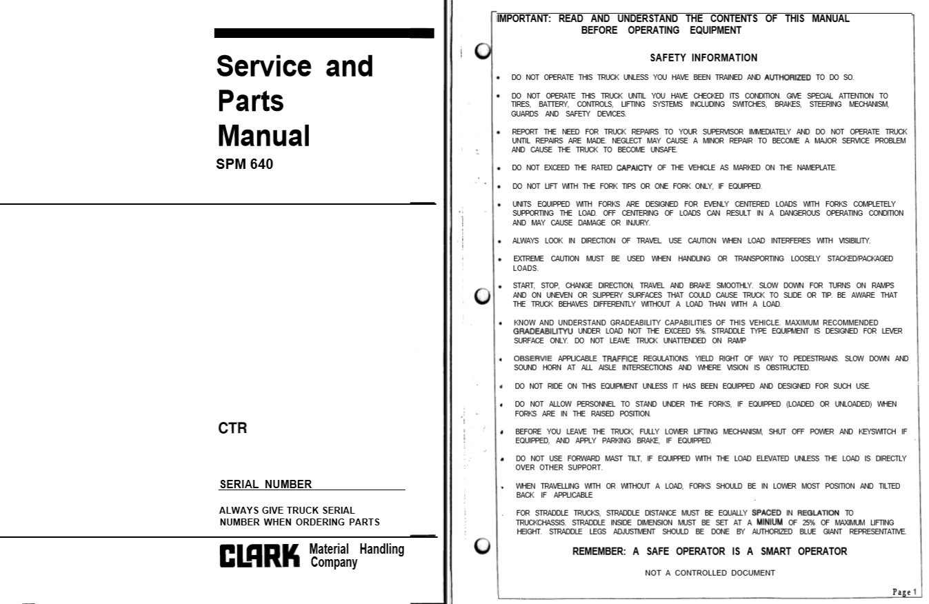 Clark Forklift SPM 640 CTR Service Parts Manual 1