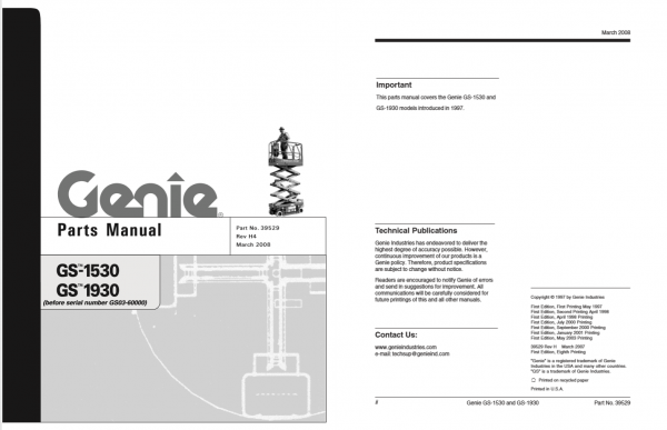 Genie GS 1530 GS 1930 PART N° 39529 Parts Manual 1