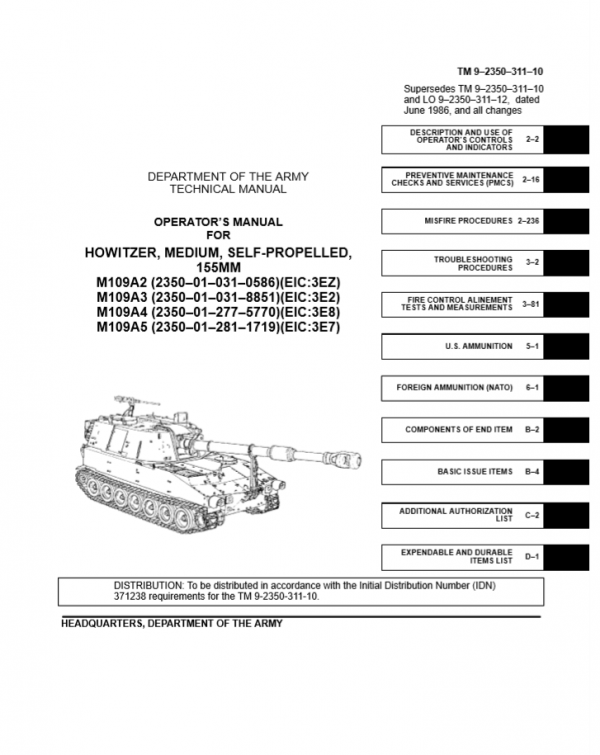 Howitzer Medium Self Propelled 155mm M109A2 M109A3 M109A4 M109A5 Operators Manual 1
