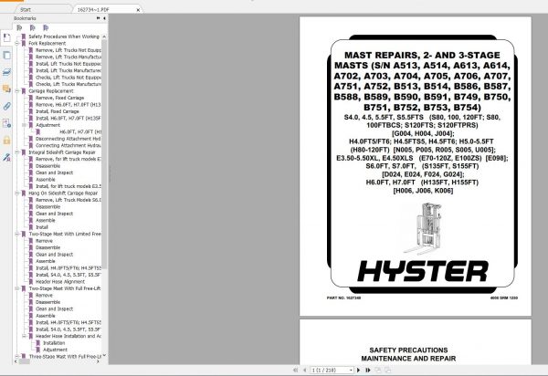 Hyster Forklift Class 4 Internal Combustion Engine Trucks Repair ManualsUpdated 11 13