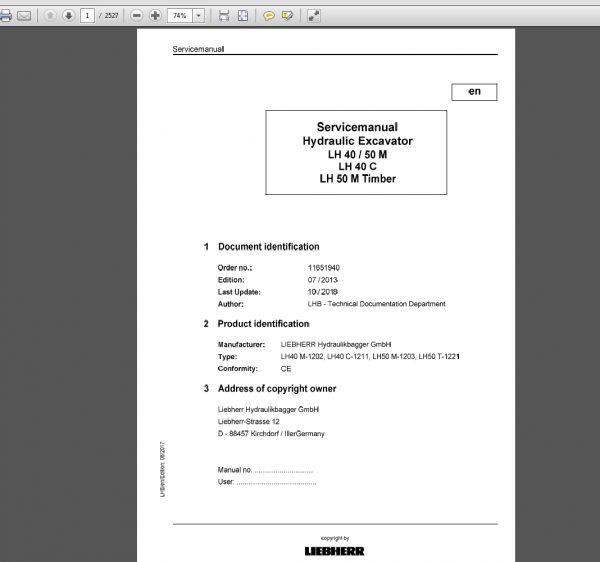 Liebherr Hydraulic Excavator LH 40M 1202 LH40 C 1211 LH50 M 1203 LH50 T 1221 Timber Service Manual11651940 1