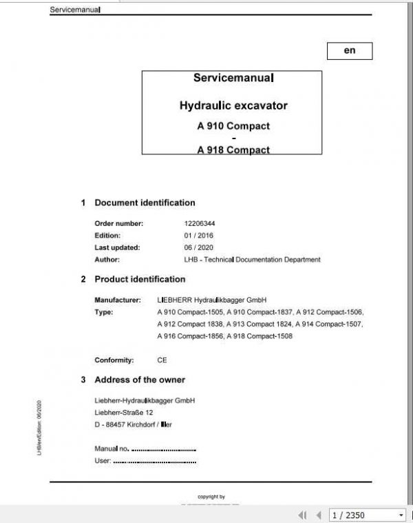 Liebherr Wheeled and Crawler Excavator A910 A918 Compact G60 D IV V Service Manual06 2020 1