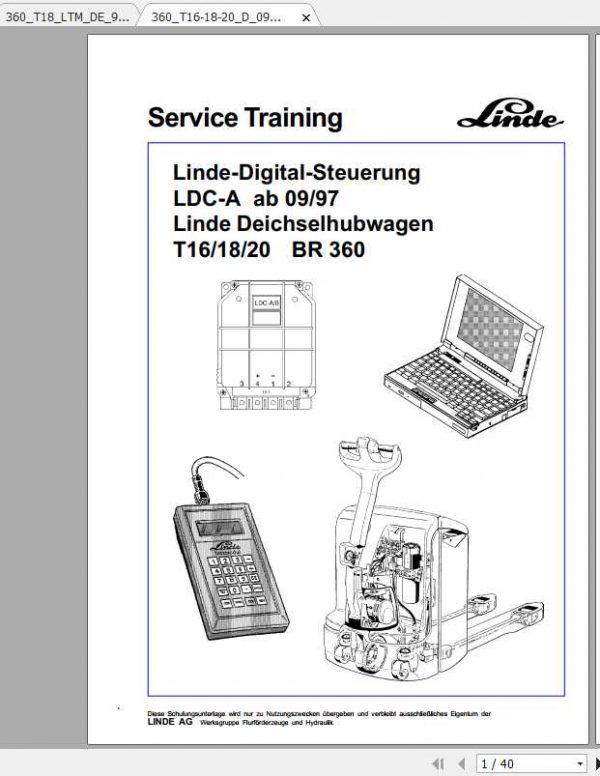 Linde Pallet Truck T16 T18 20 Typ 360 Service Training ManualDE 1