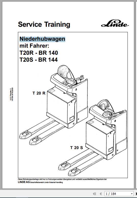 Linde Pallet Truck T20R BR140 T20S BR144 Service Training ManualDE 1