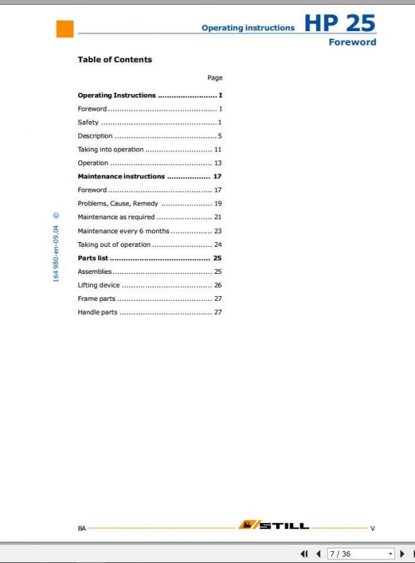 Still Hand Pallet Truck HP25 Operating & Maintenance Instructions