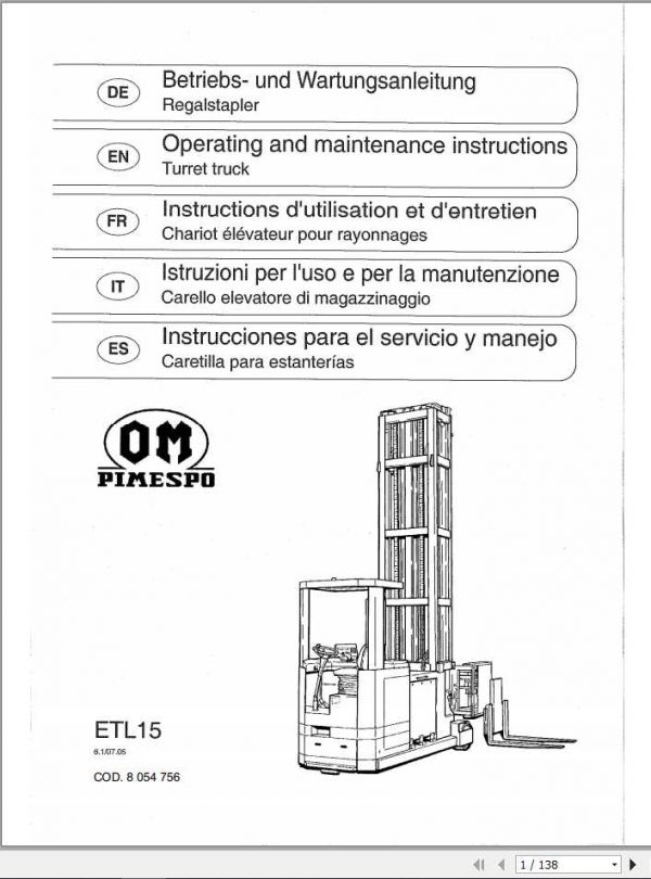 Still OM Pimespo Electric Side Loader Forklift ETL15 Original Instructions 1