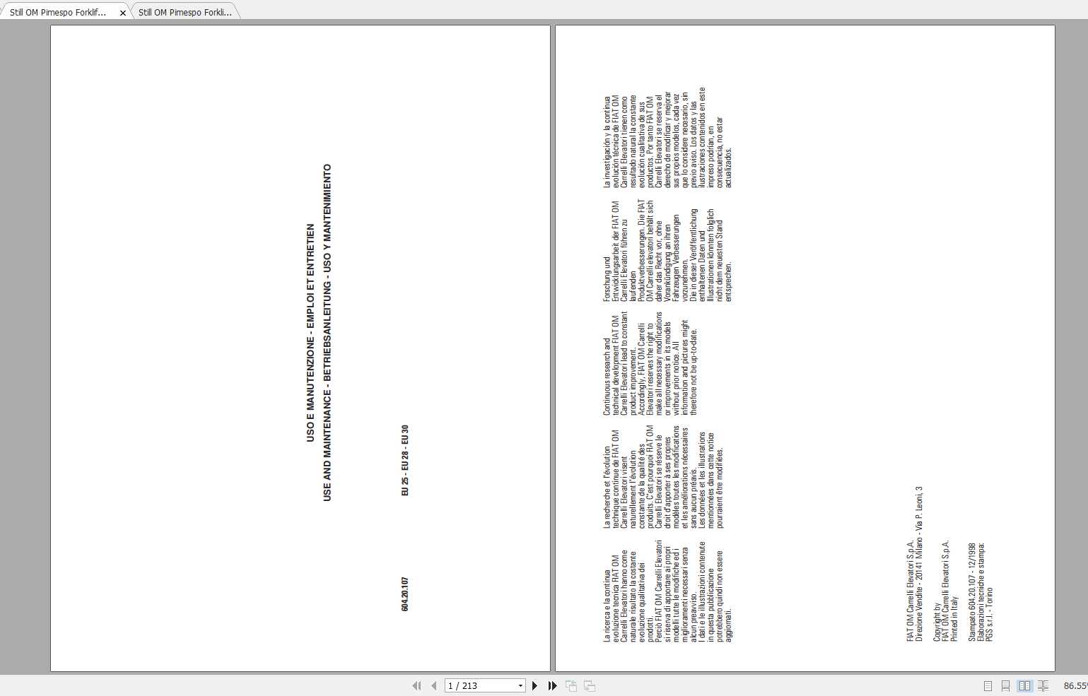 Still OM Pimespo Forklift EU25 EU28 EU30 Use Maintenance Manual 1