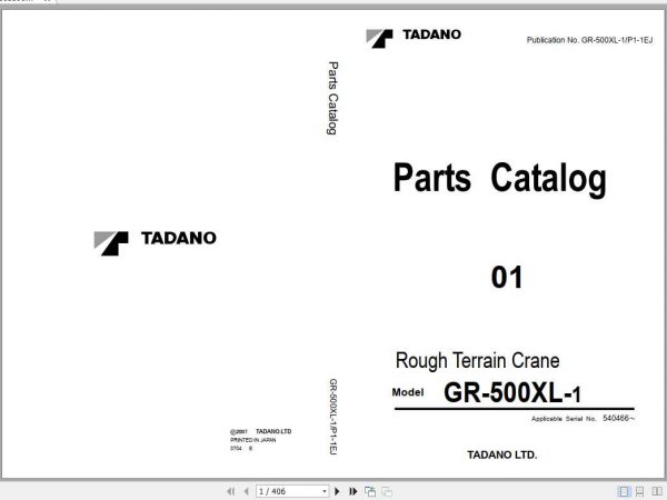 Tadano Rough Terrain Crane GR 500XL 1P1 1EJ Parts CatalogENJP2007 1