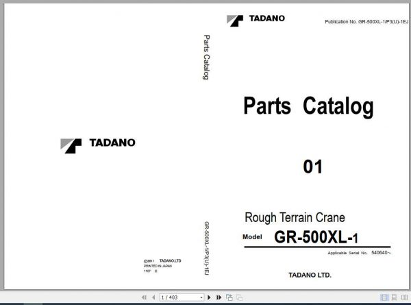 Tadano Rough Terrain Crane GR 500XL 1P3U 1EJ Parts CatalogENJP2011 1