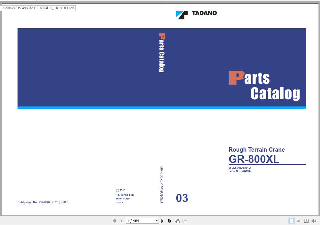 Tadano Rough Terrain Crane GR 800XL 1P1U 3EJ Parts CatalogENJP2010 1