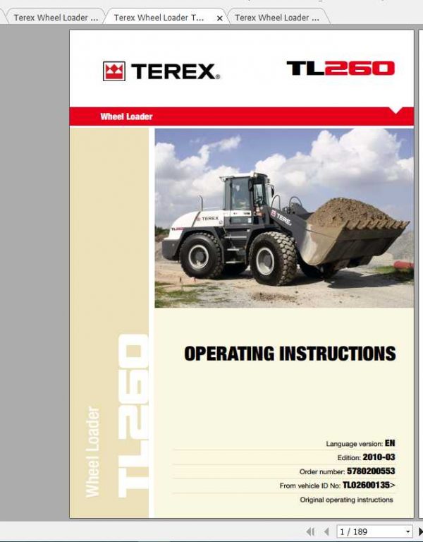 Terex Wheel Loader TL260 Series TL02600135 Parts Catalog Operating Instruction 2