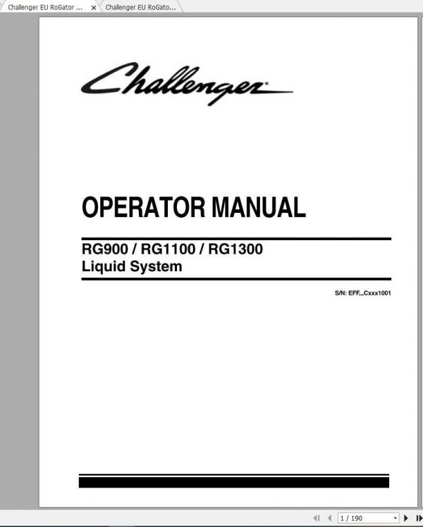 Challenger EU Applicators RG900 RG1100 RG1300 RoGator Liquid System Operators Manuals 1