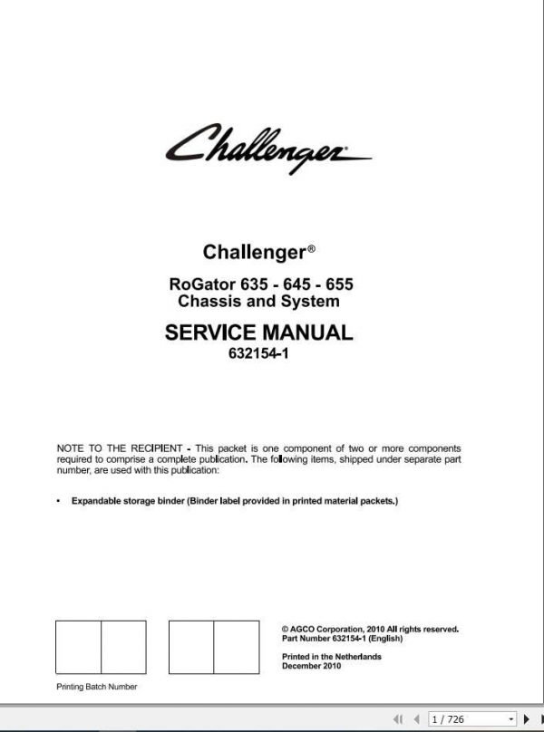 Challenger EU Applicators RoGator 635 645 655 Chassis System Service Manual 1