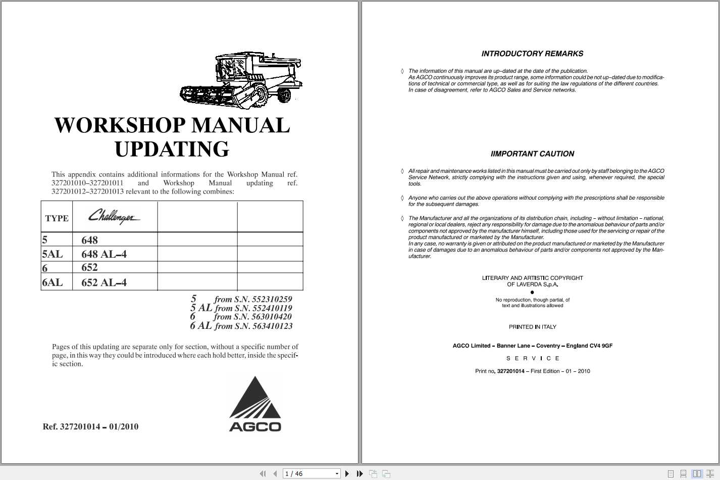 Challenger EU Combine Harvester 648 AL 652 AL Workshop Manual AppendixLA327201014 1