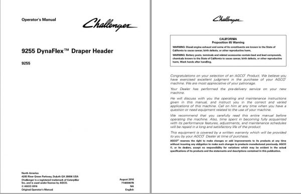 Challenger EU Draper Header 9255 DynaFlex Operators Manual71483067B 1