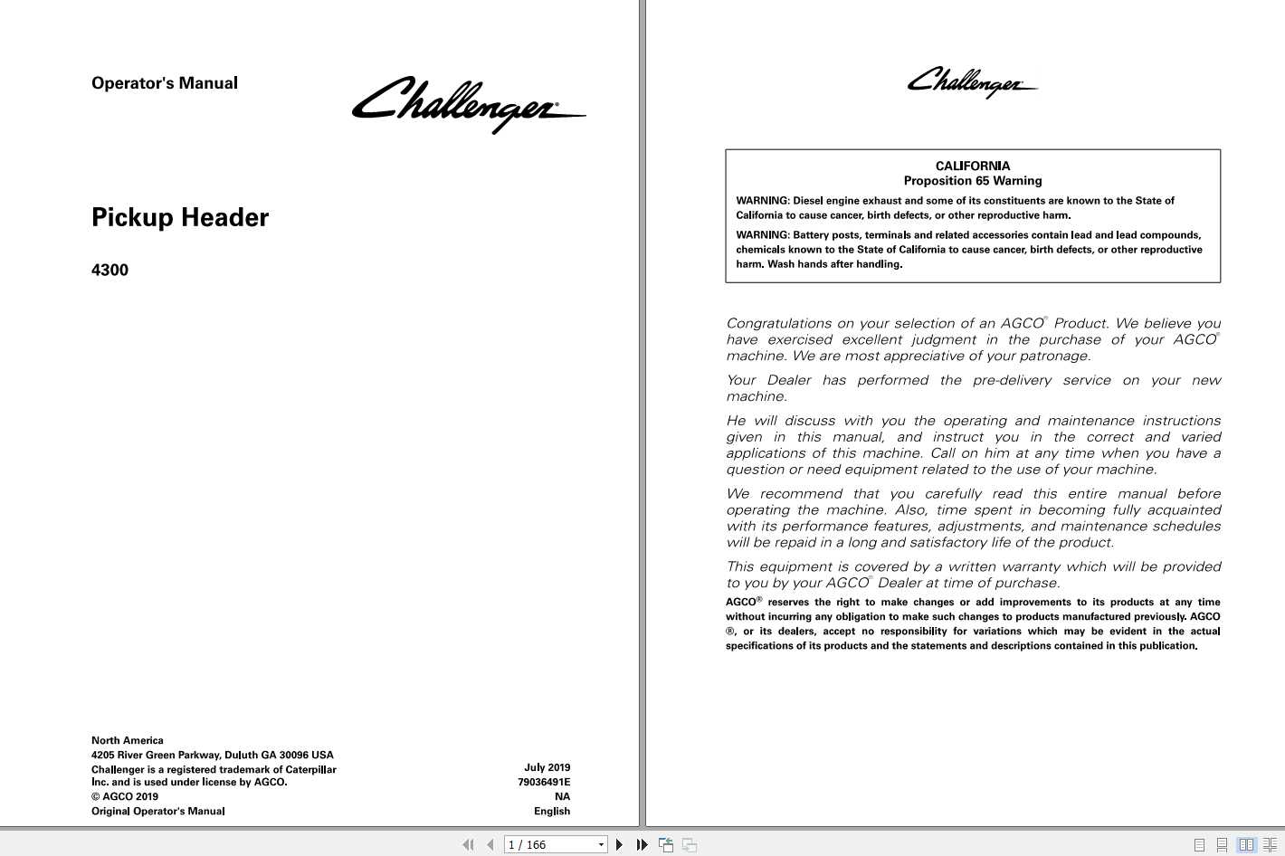 Challenger EU Pickup Header 4300 Operators Manual79036491E 1