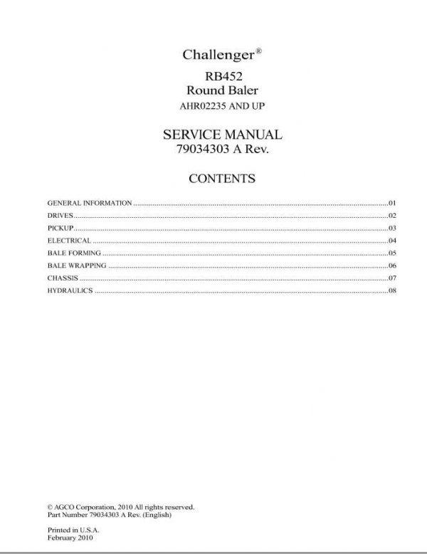 Challenger EU RB452 Round Baler Service Manual79034303A 1