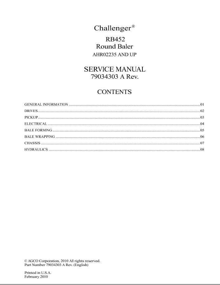 Challenger EU RB452 Round Baler Service Manual79034303A 1