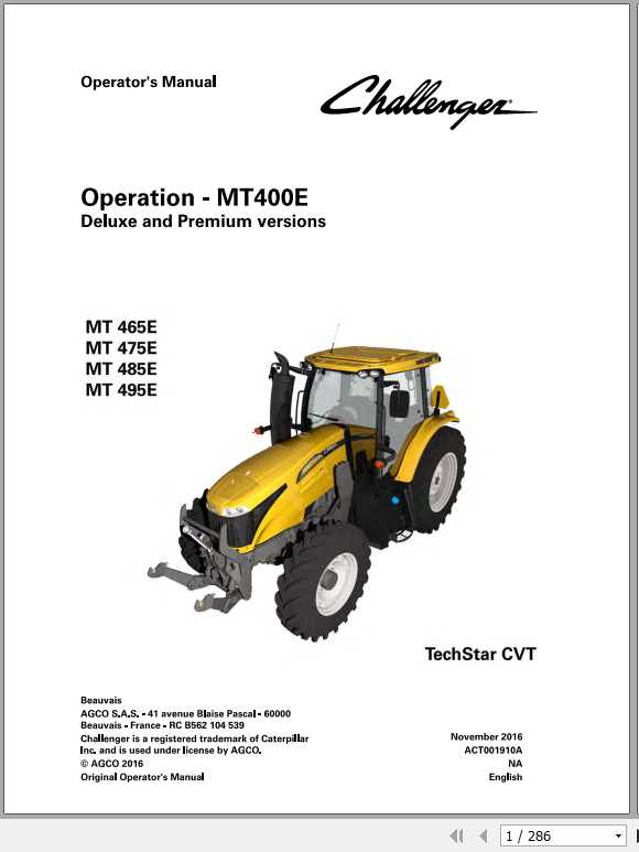 Challenger EU Tractor MT465E MT475E MT485E MT495E TechStar CVT Operators ManualACT001910A 1
