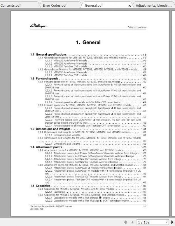 Challenger EU Tractor MT515E MT595E Technician Service BookACT001178B 2