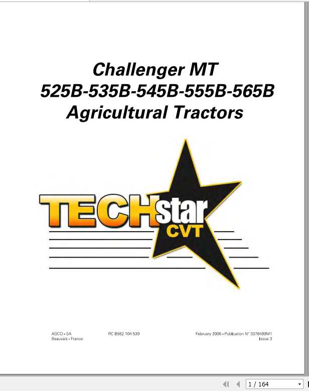 Challenger EU Tractor MT525B MT575B Tier 2 TechStar CVT Operator Instruction Book3378499M1 1