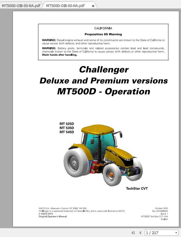 Challenger EU Tractor MT525D MT535D MT545D TechStar CVT Deluxe Premium Operation Manual 1