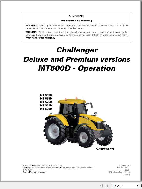 Challenger EU Tractor MT555D MT585D AutoPower VI Deluxe Premium Operation Manual 1