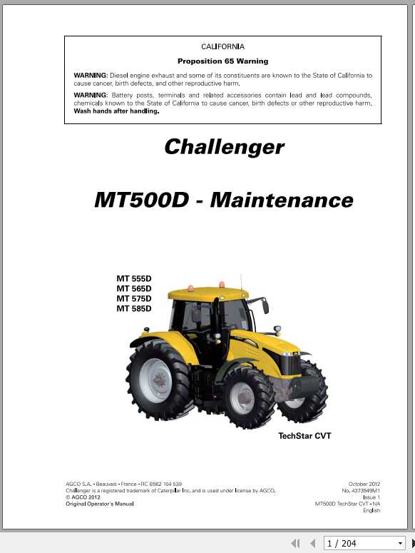 Challenger EU Tractor MT555D MT565D MT575D MT585D TechStar CVT Maintenance Manual 1