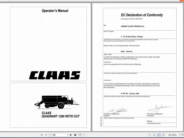 Claas Baler Quadrant 1200 Roto Cut Operators Manual 1