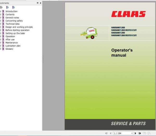 Claas Baler Variant 260 260 Roto Cut 280 280 Roto Cut Operators Manual 1