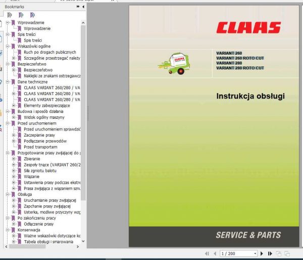 Claas Baler Variant 260 260 Roto Cut 280 280 Roto Cut Operators Manual PL 1