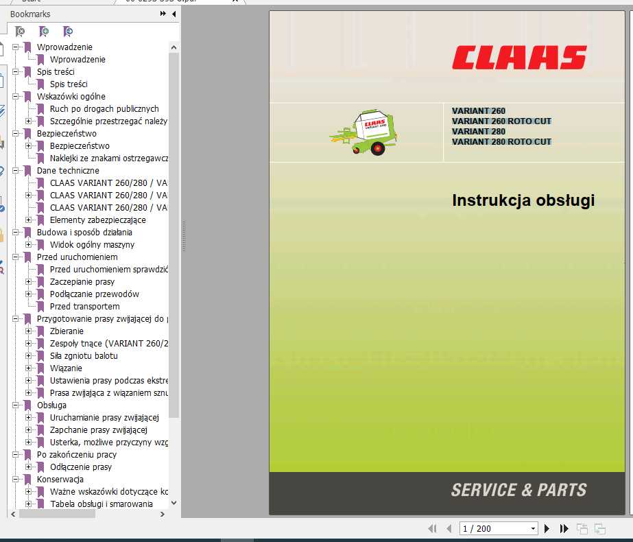 Claas Baler Variant 260 260 Roto Cut 280 280 Roto Cut Operators Manual PL 1